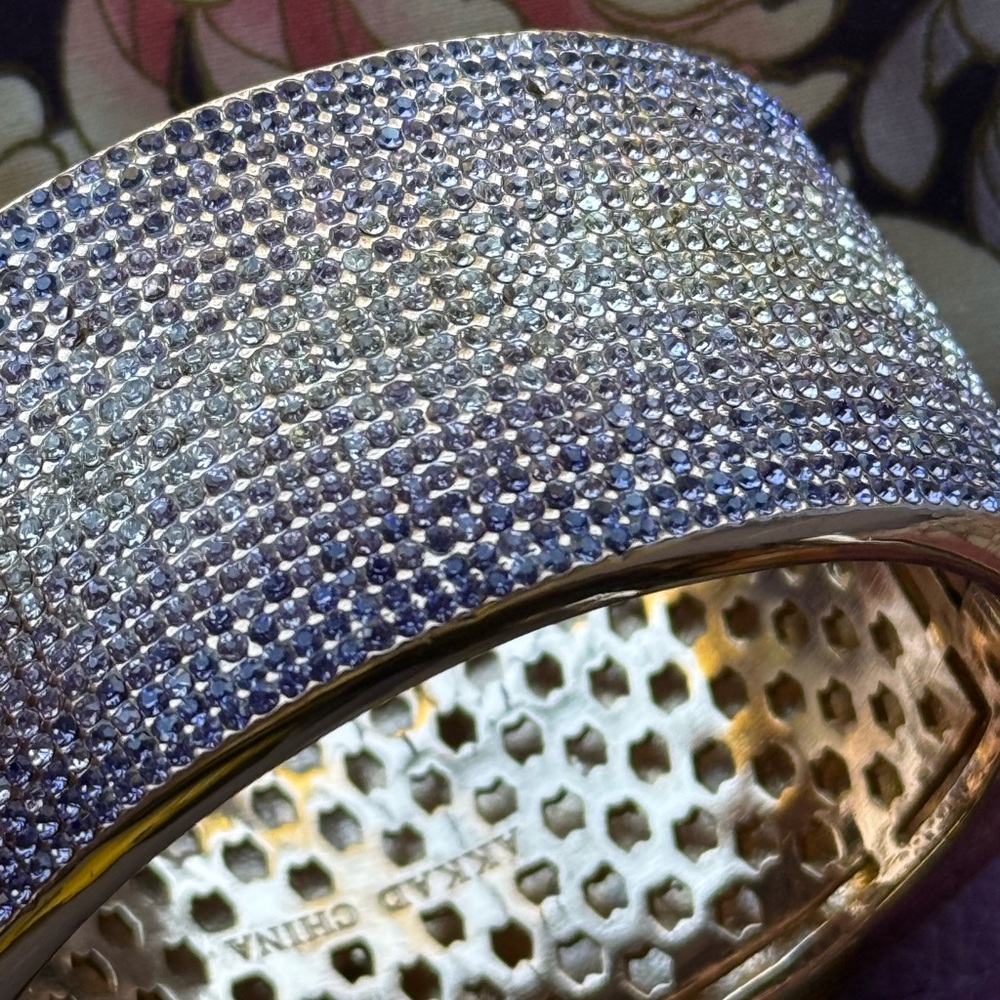 AKKAD cuff bracelet signed Estate Swarovski lilacs to pinks crystals -rose-gold